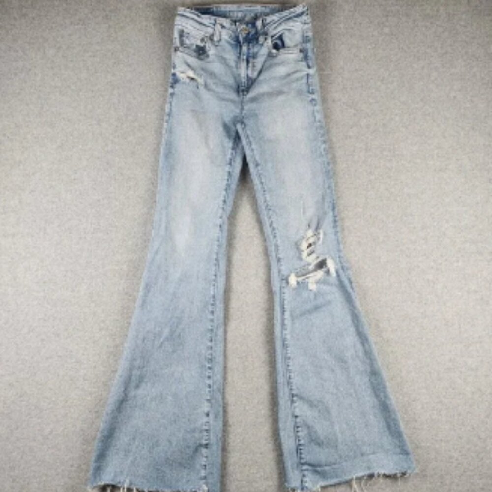 American‎ Eagle Jeans Women's 00 Super High Rise Flare Blue Distressed Raw Hem